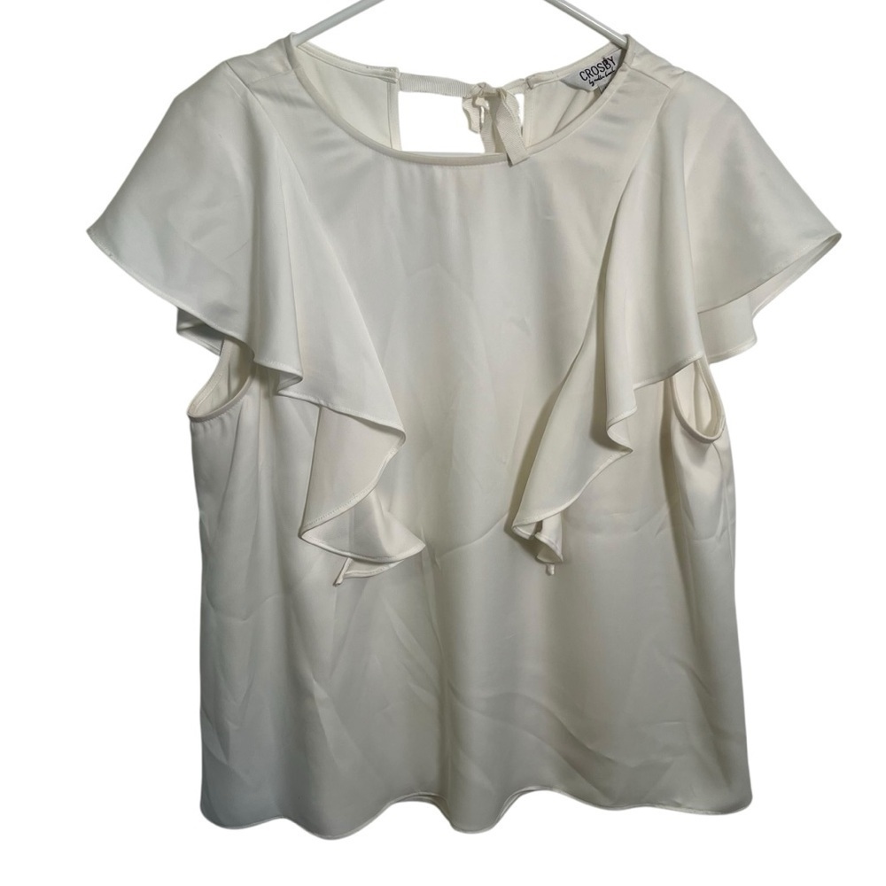 Crosby By Mollie Burch Women's Size Large Blouse White Ruffle Front Keyhole Back